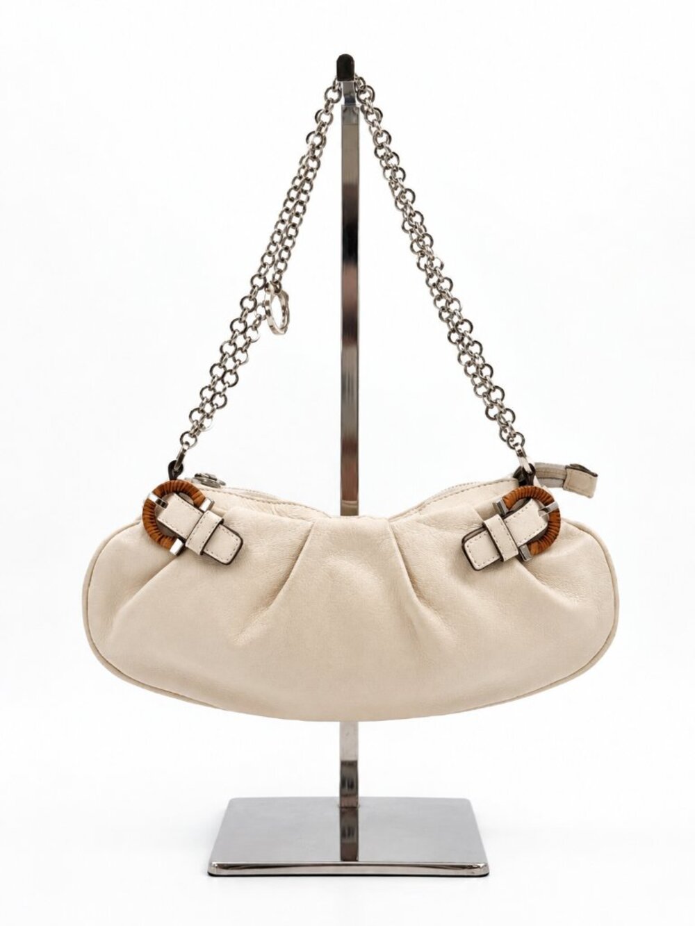 Salvatore Ferragamo Ivory Leather Crescent Shoulder Bag Silver Chain Strap